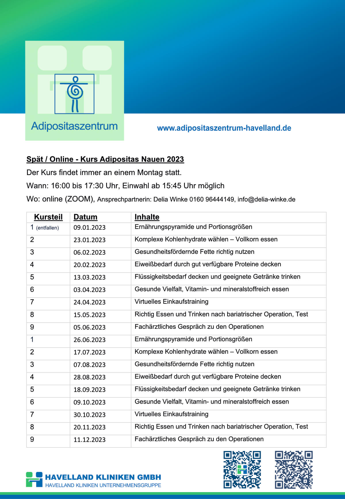 Adipositaszentrum Havelland - Termine Onlinekurs Nauen 2023